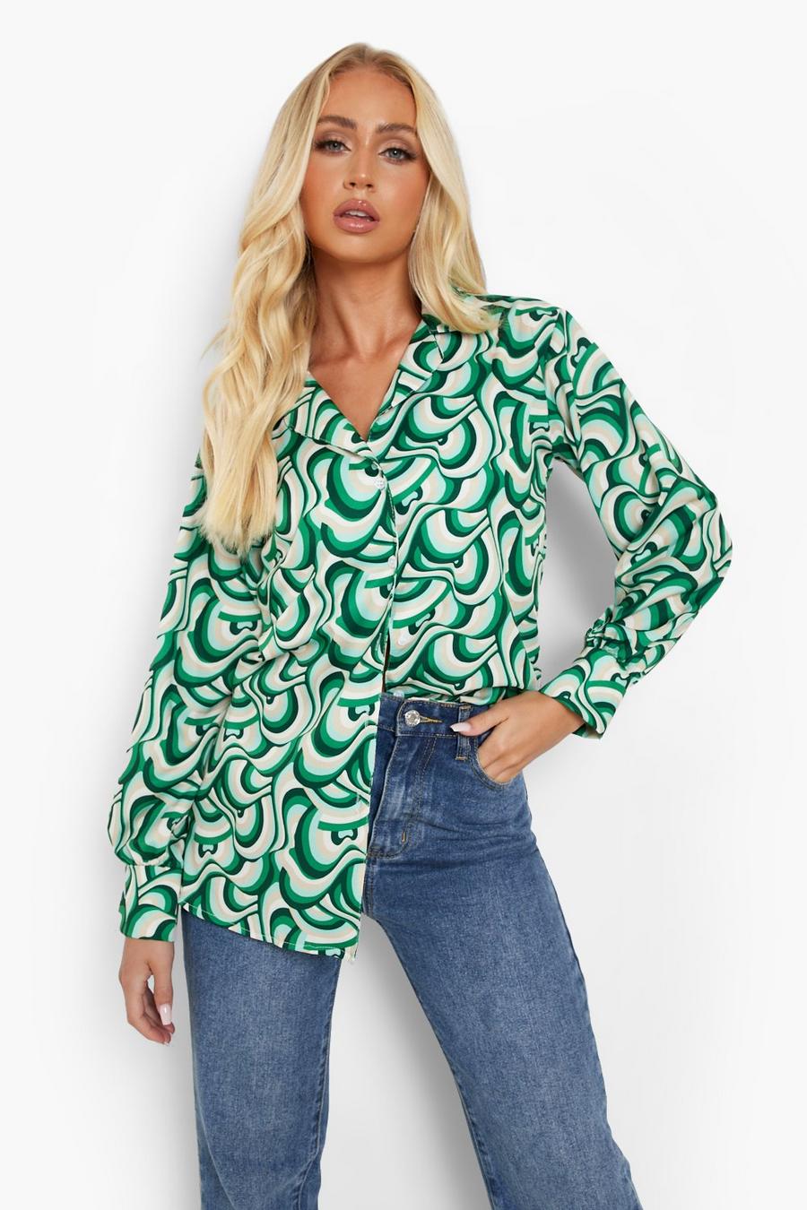 Green Retro Print Puff Sleeve Blouse image number 1