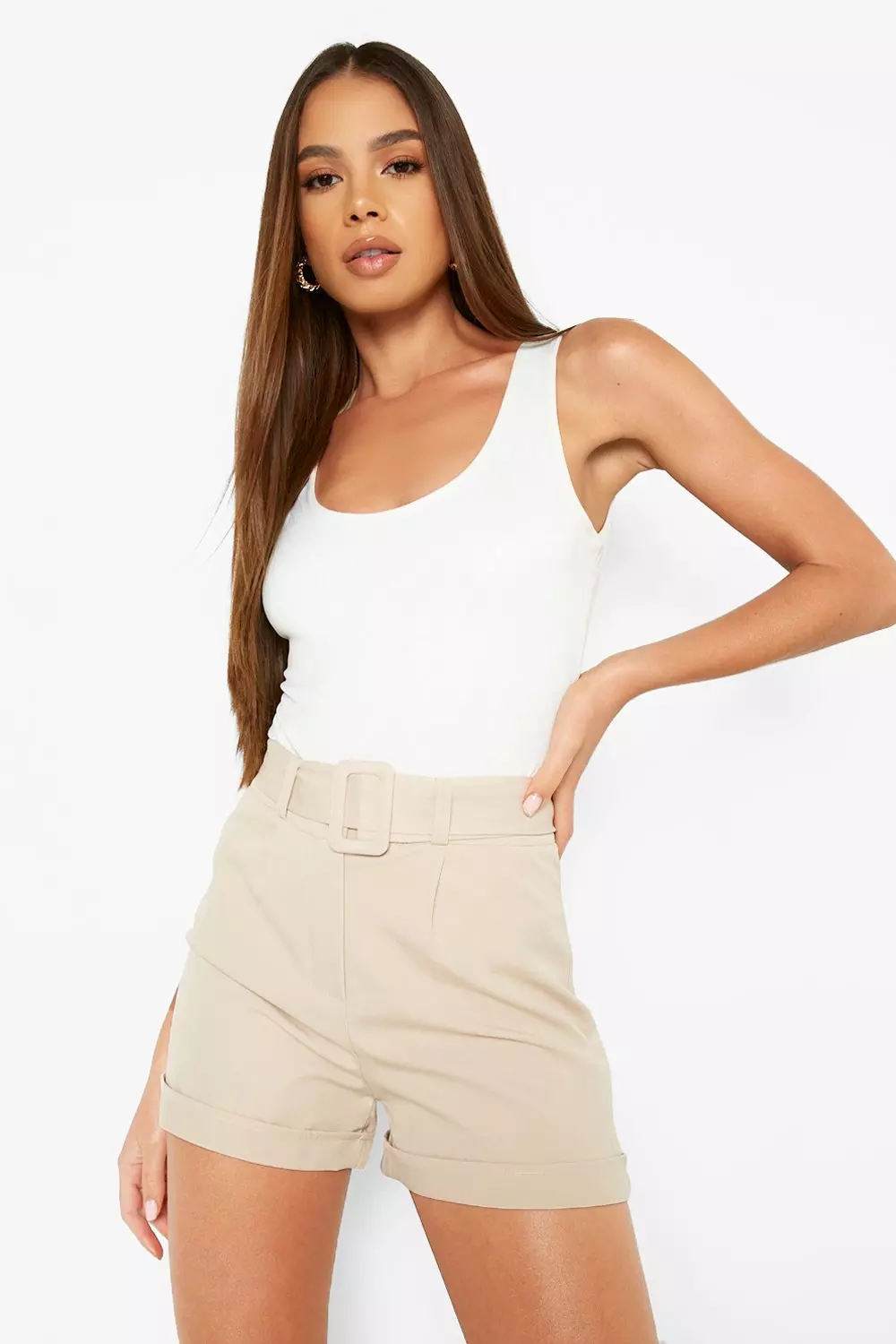 Sand Self Fabric Belted Turn Up Shorts alternative image