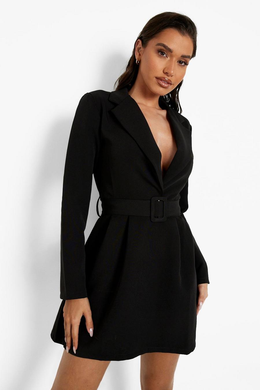 Black Self Fabric Belted Fit & Flare Blazer Dress image number 1
