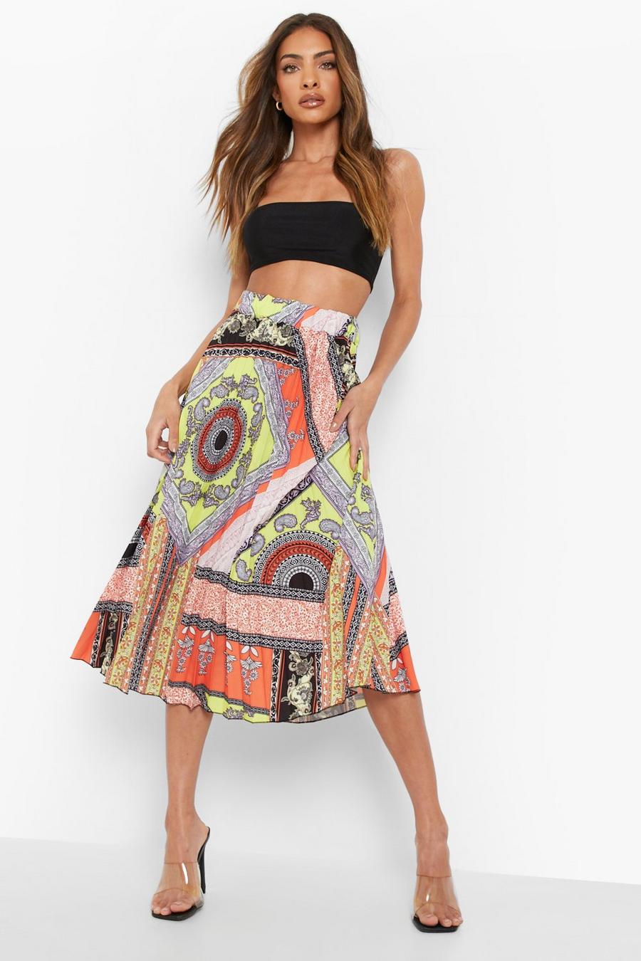 Orange Scarf Print Pleated Longer Length Midi Skirt