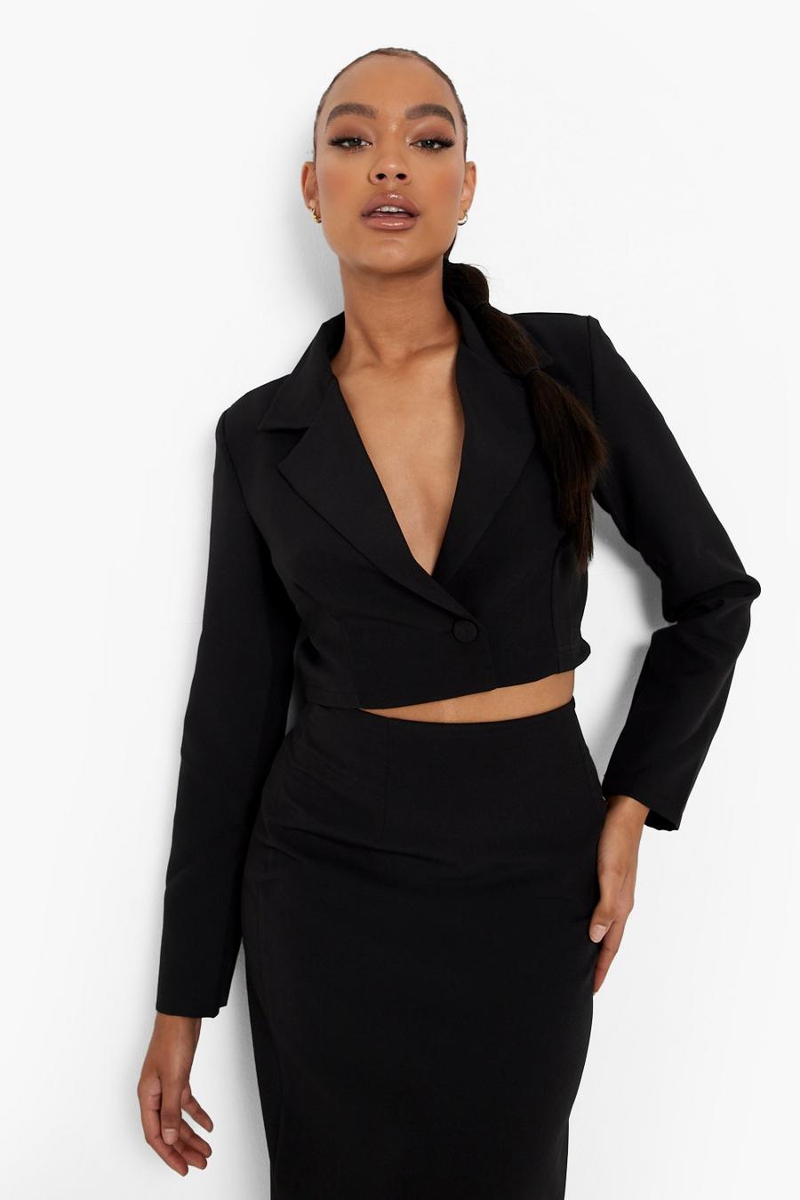 Black Cropped Fitted Tailored Blazer image number 1