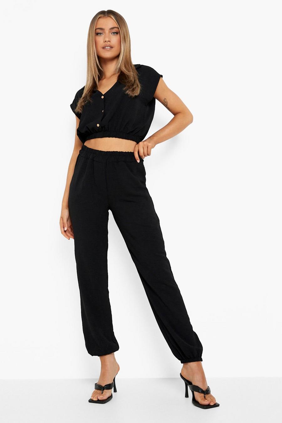Black Textured Cropped Shirt & Relaxed Fit Joggers image number 1