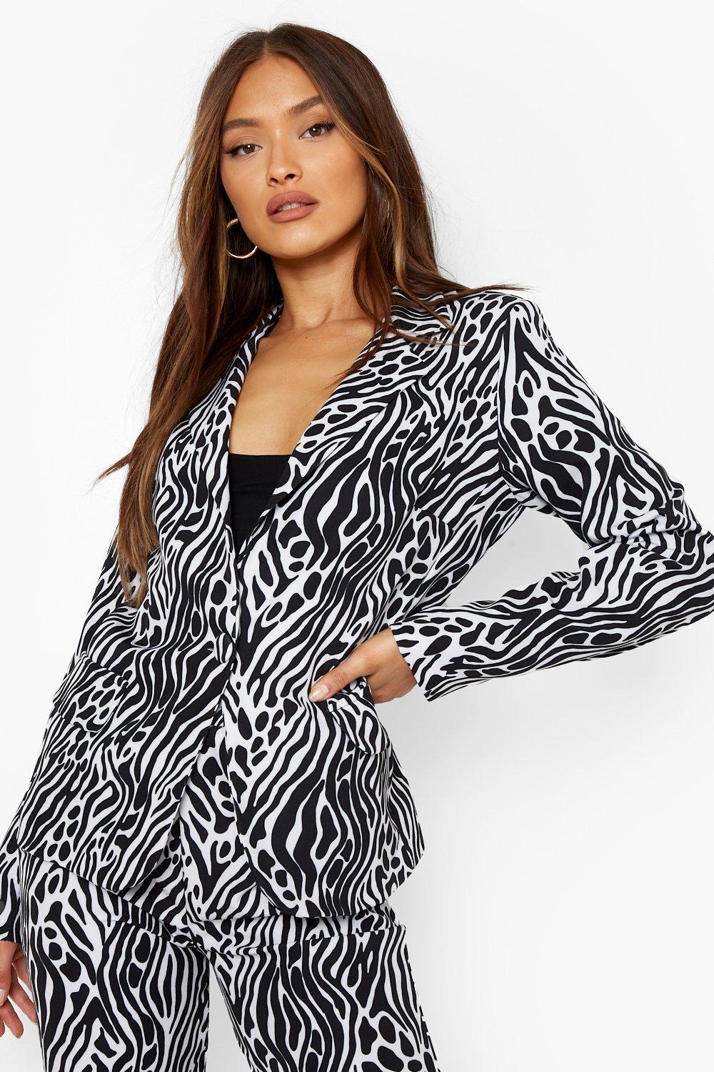 Black Mono Animal Print Tailored Blazer