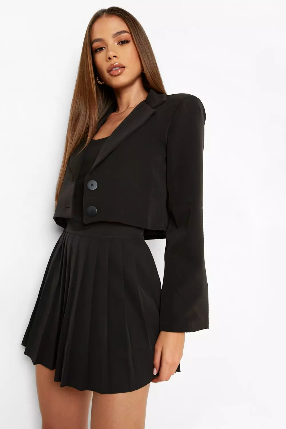 Crop Blazer Pleated Mini Skirt Suit Set