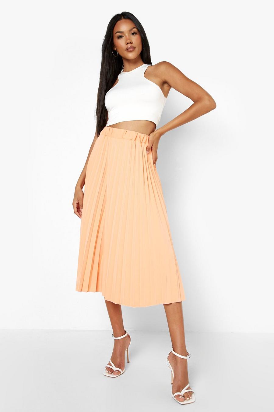 Peach orange Woven Pleated Longer Length Midi Skirt