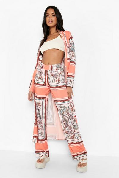 boohoo peach Scarf Print Kimono & Relaxed Fit Trousers