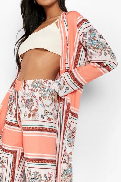 boohoo peach Scarf Print Kimono & Relaxed Fit Trousers