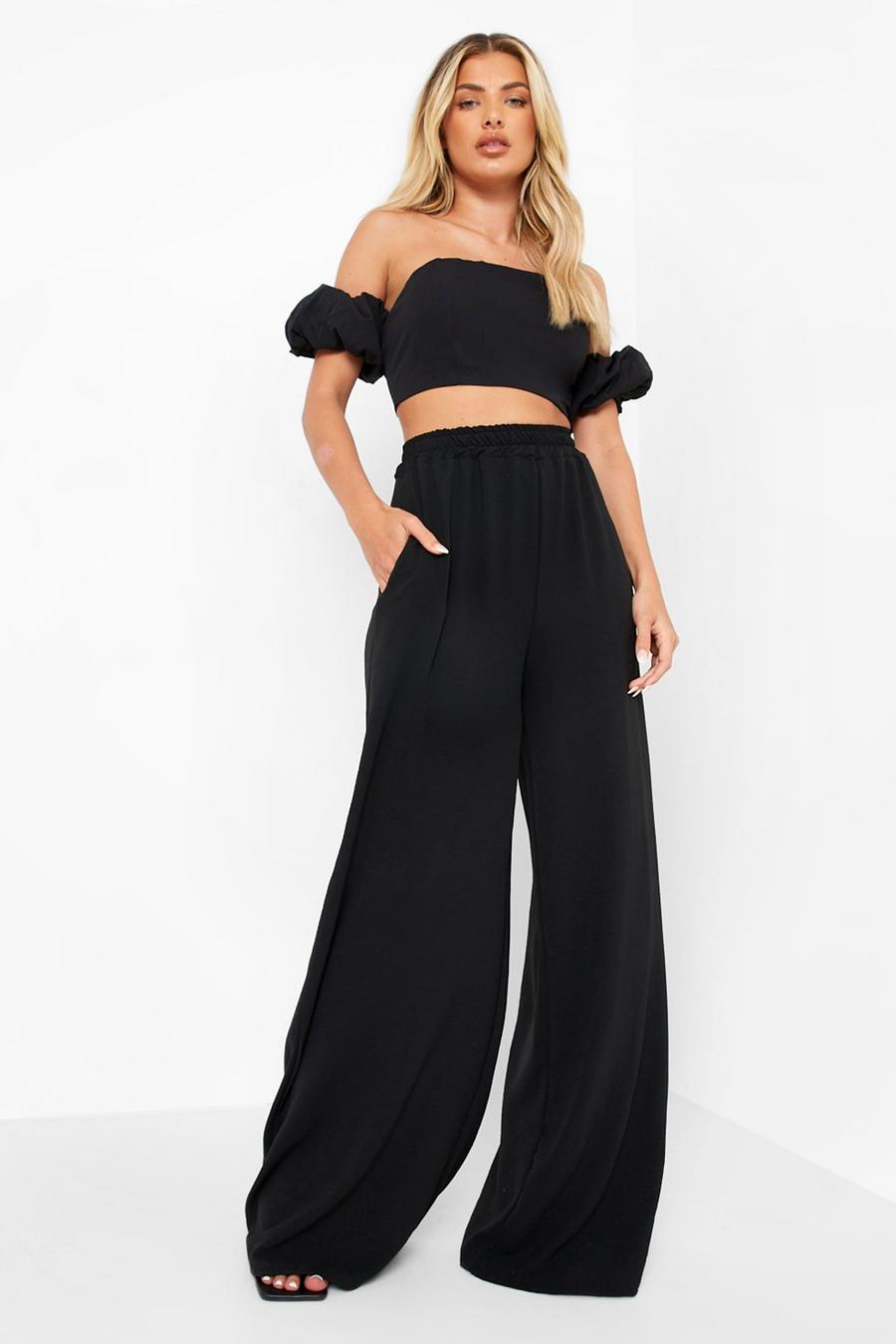 Black Textured Fluid Fit Wide Leg Trousers image number 1