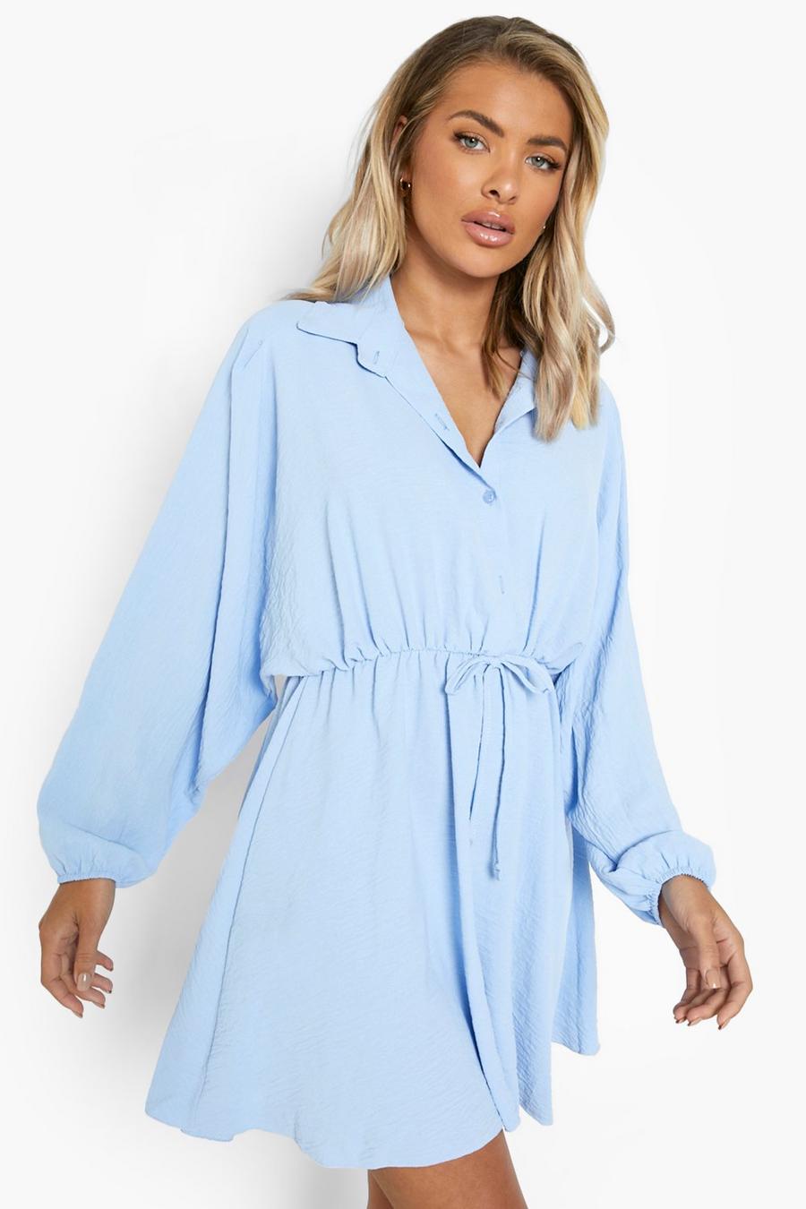 Dusty blue Textured Puff Sleeve Shirt Dress image number 1