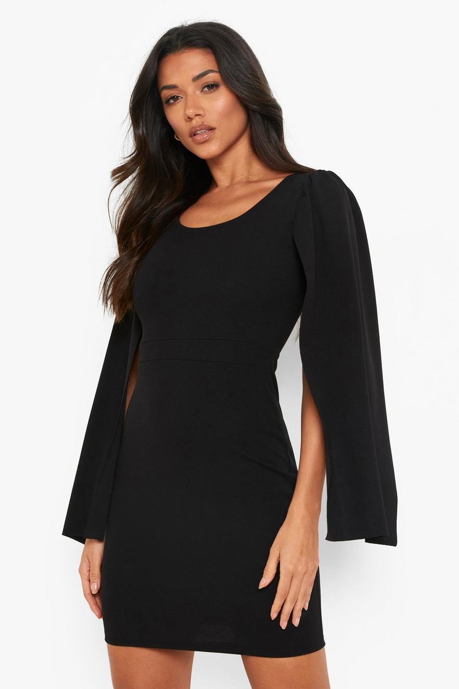שחור שמלת מיני עם צווארון מרובע ושרוולים בסגנון שכמייה image number 1