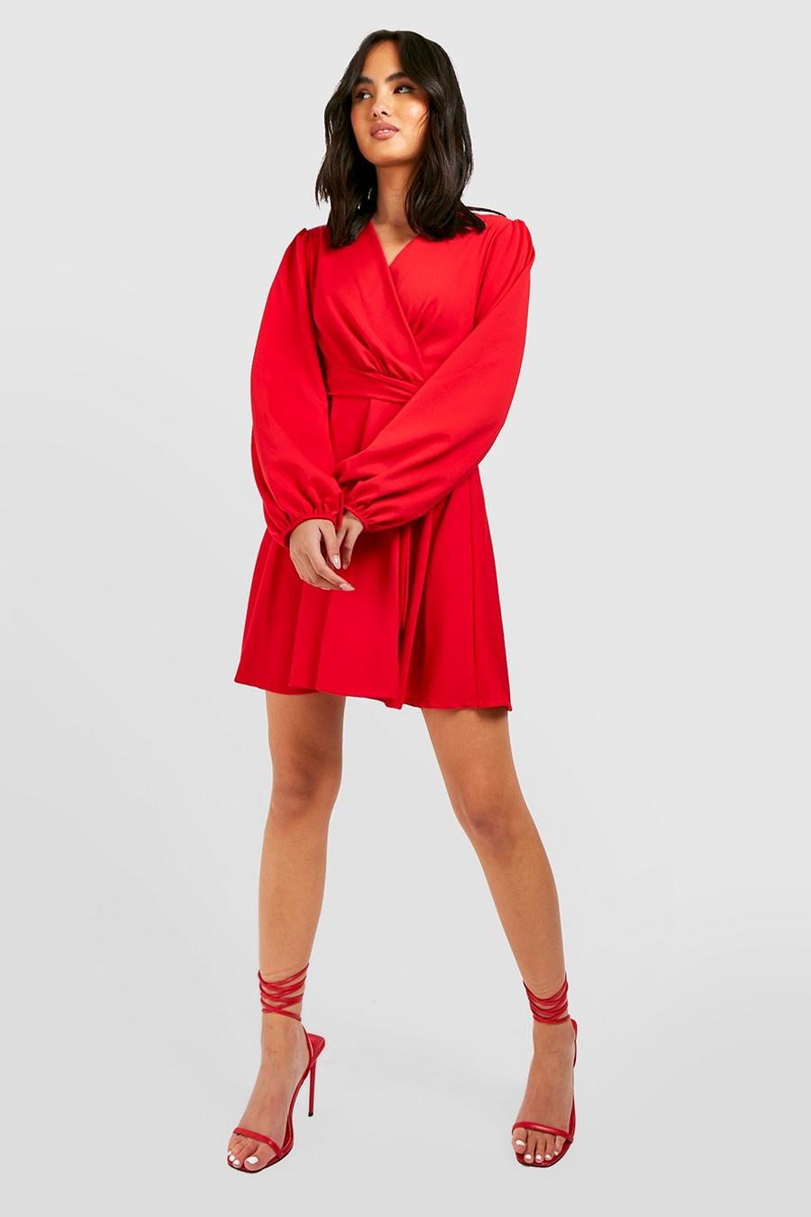 Red rot Balloon Sleeve Wrap Skater Dress