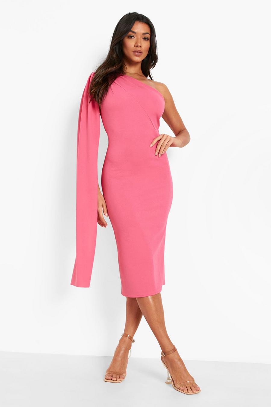 Pink One Shoulder Cape Detail Midi Dress image number 1