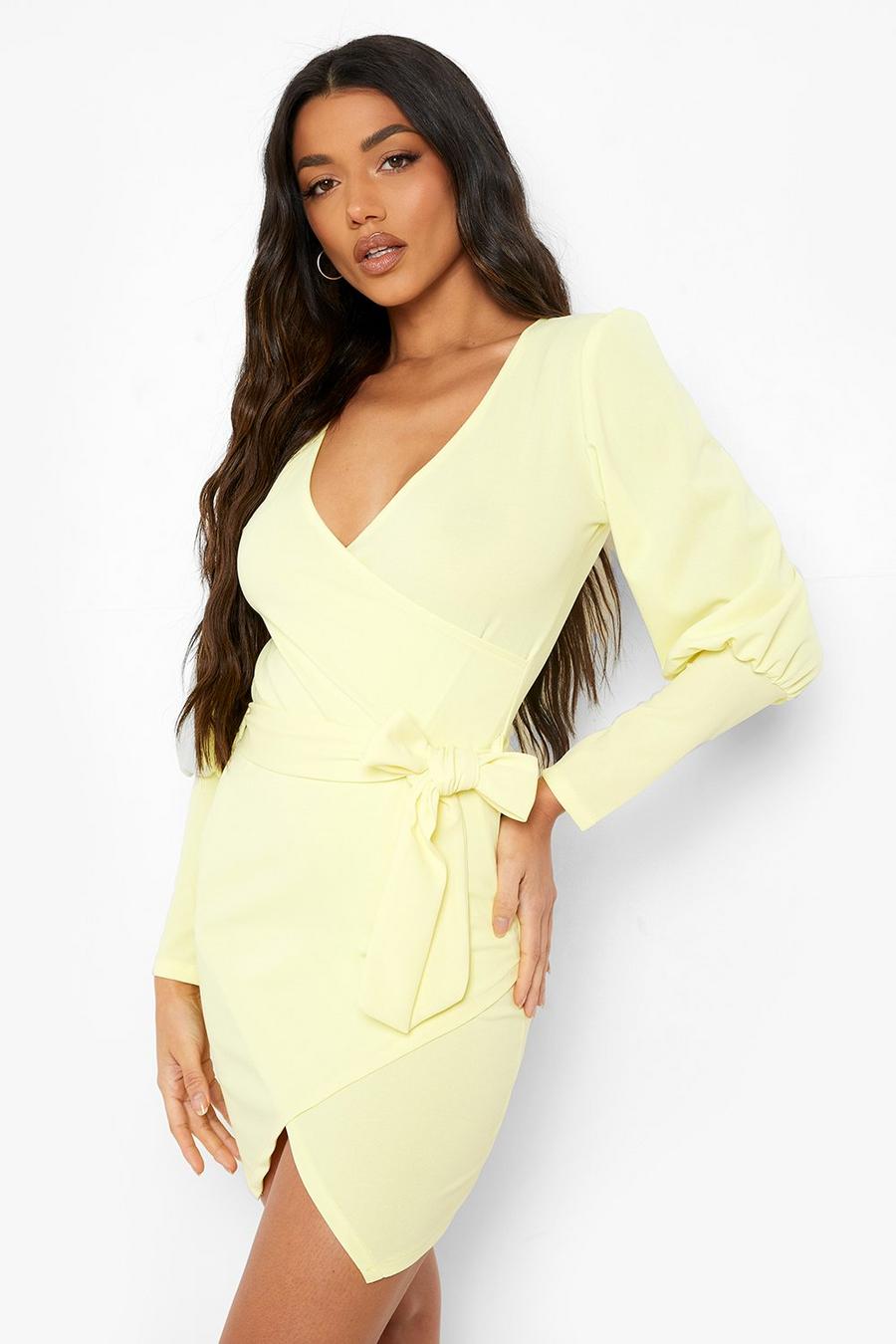 Lemon Puff Sleeve Wrap Mini Dress image number 1
