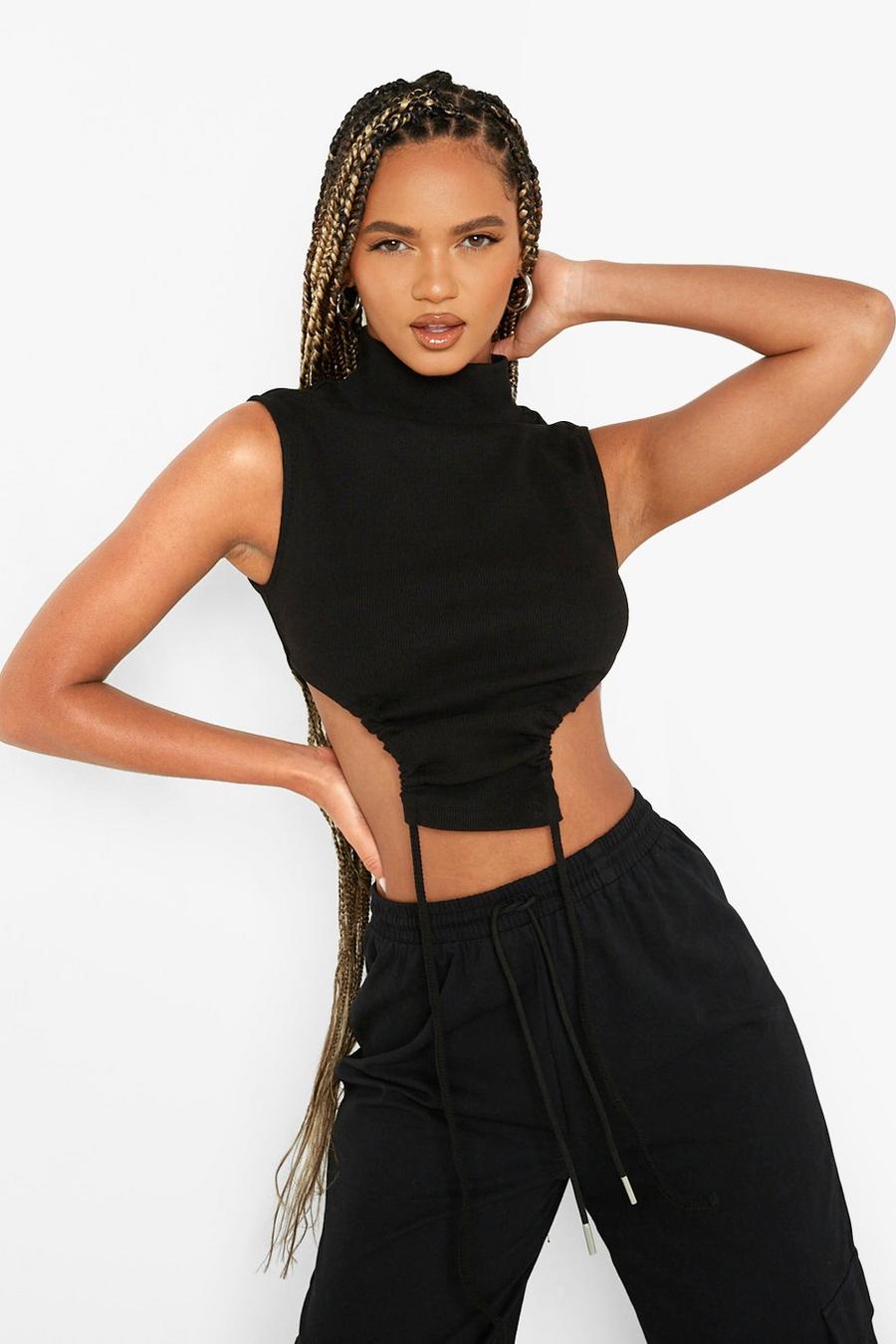 Black High Neck Rib Ruched Cut Out Top image number 1