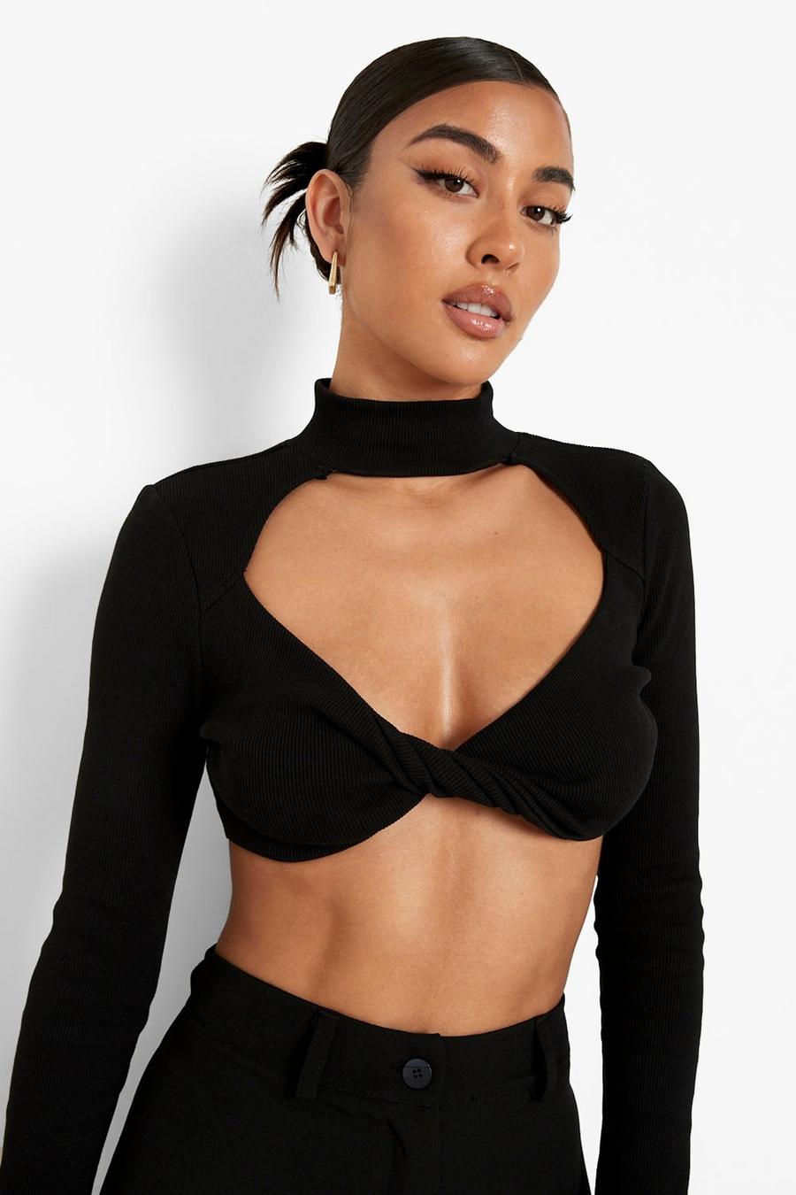 Black Rib Cut Out Twist High Neck Crop Top image number 1