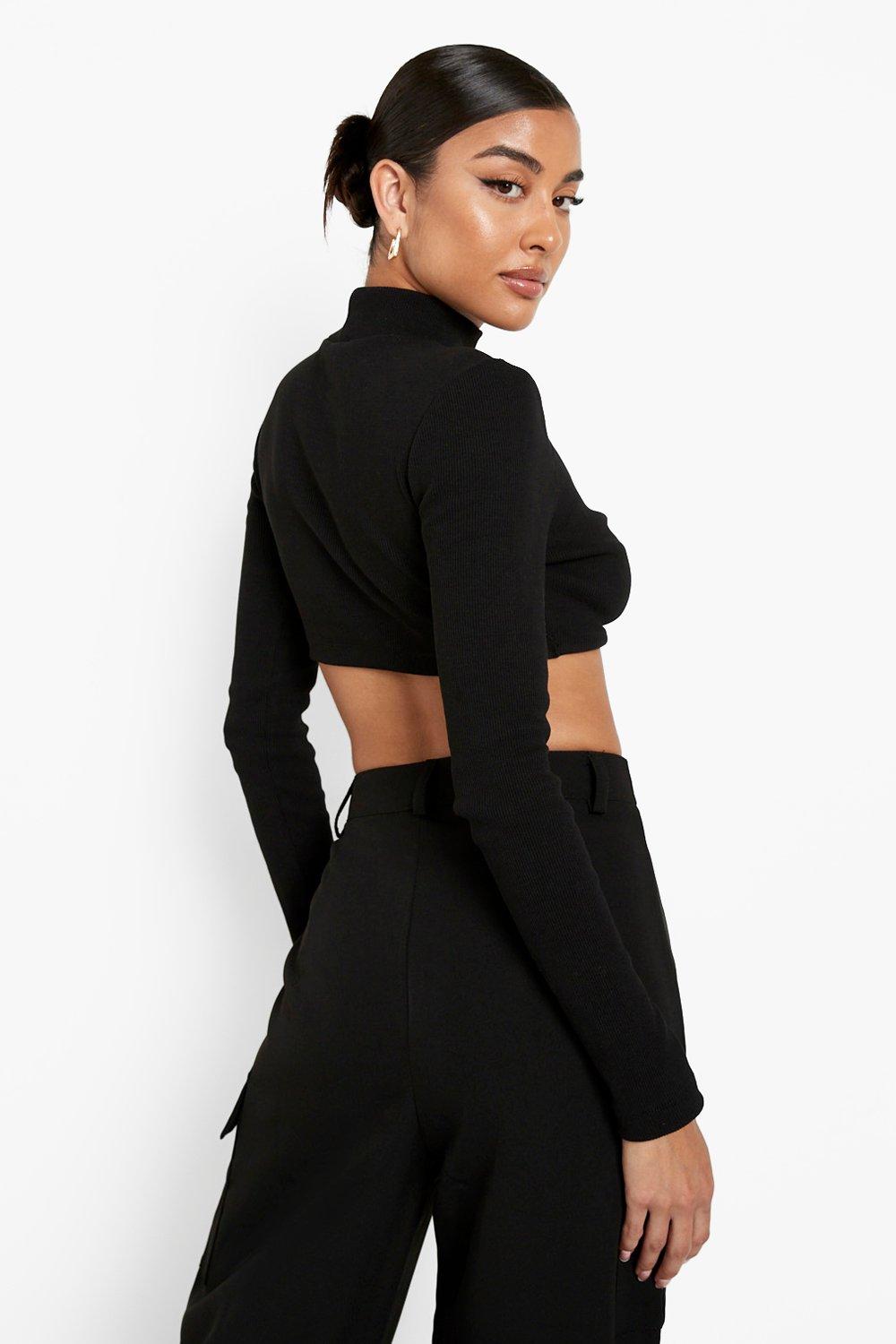 boohoo Womens Petite Rib Long Sleeved Turtle Neck Top - Black 12