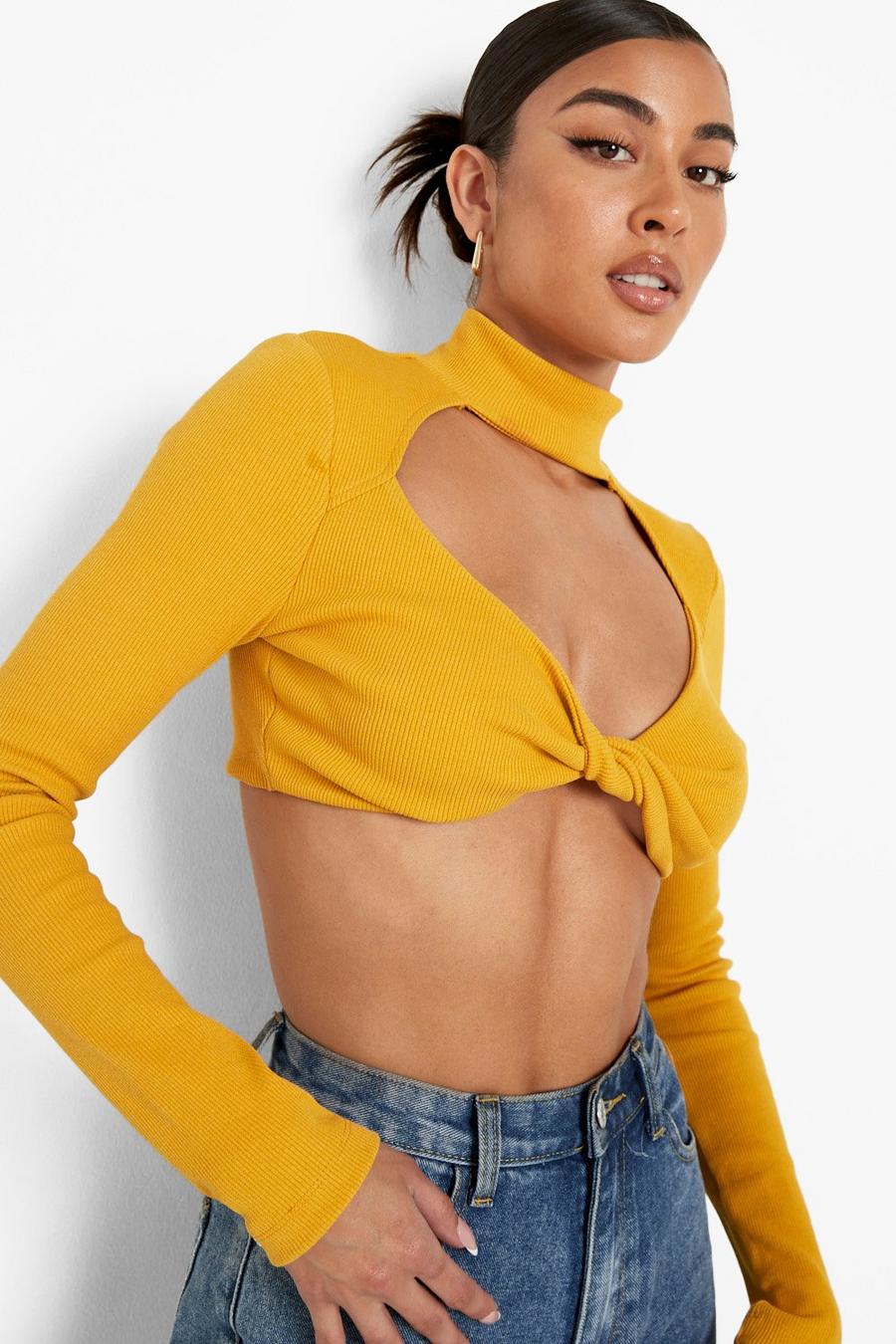 Mustard yellow Rib Cut Out Twist High Neck Crop Top image number 1