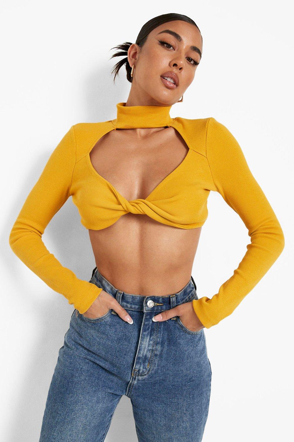 Women's Yellow Rib Cut Out Twist High Neck Crop Top | Boohoo UK