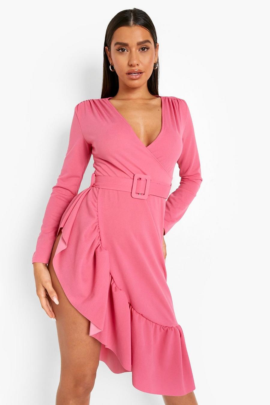 Pink Ruffle Hem Belted Midi Dress image number 1
