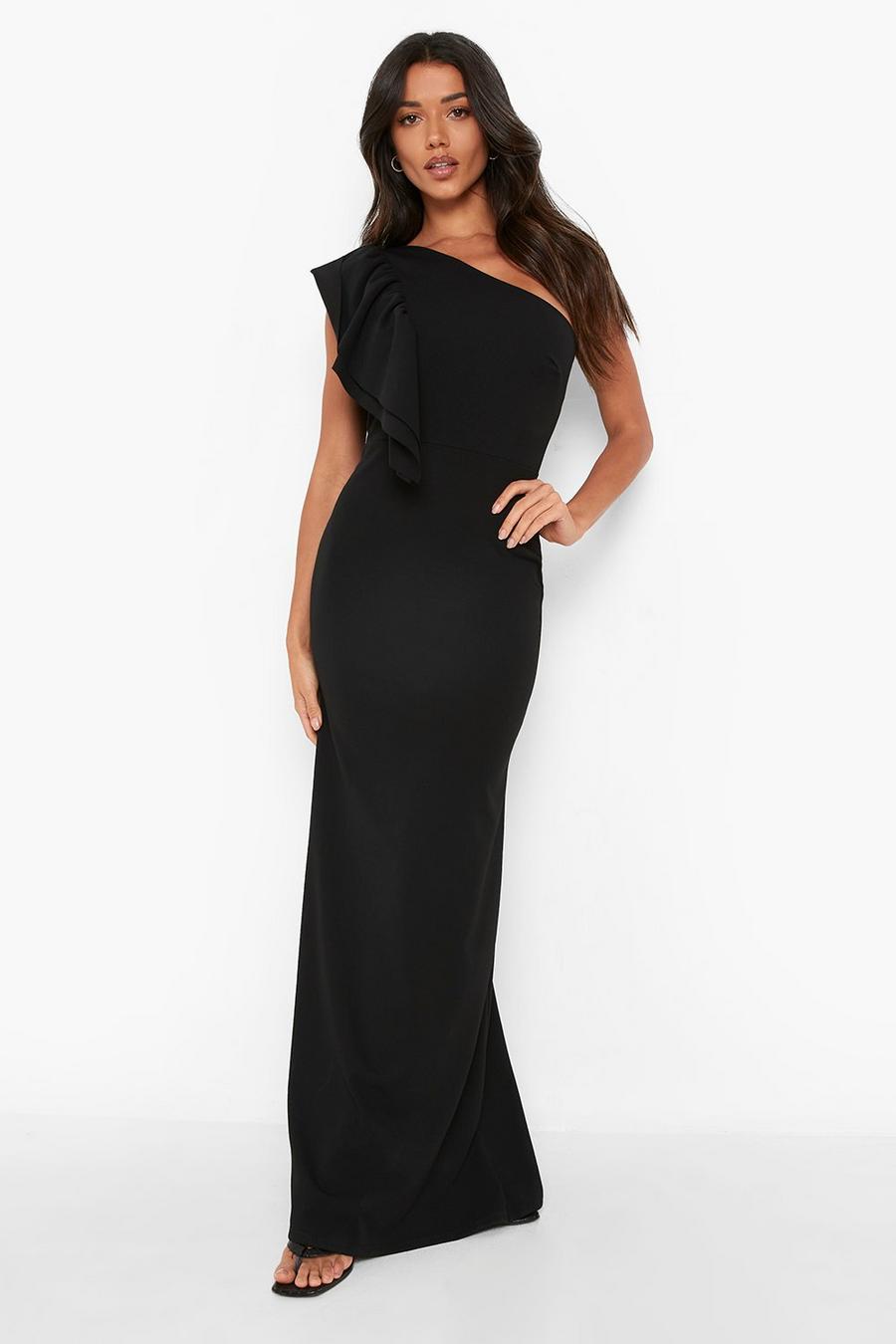 Black Asymmetric Frill Shoulder Maxi Dress image number 1