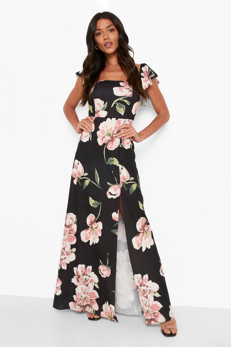 Black Floral Bardot Split Maxi Dress image number 1