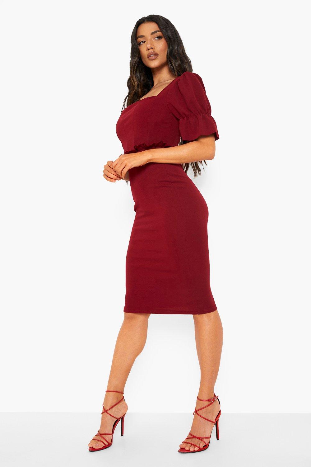Puff Sleeve Ruffle Waist Midi Dress