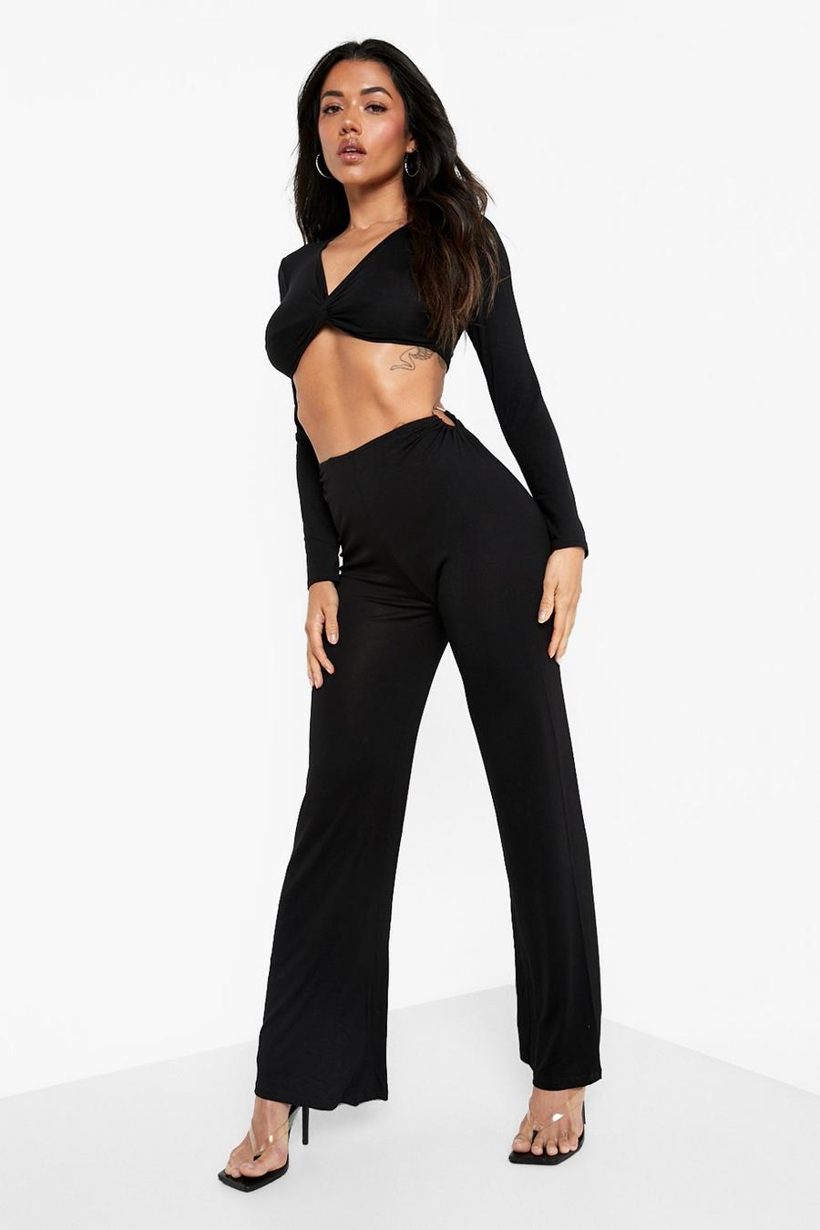 Black Ring Detail Wide Leg Trousers image number 1