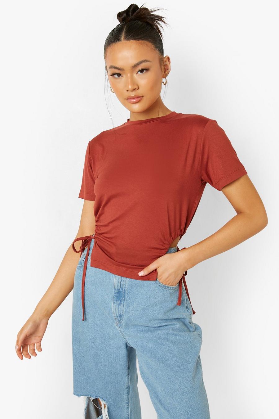 Chocolate Ruched Cut Out Sides T-Shirt image number 1