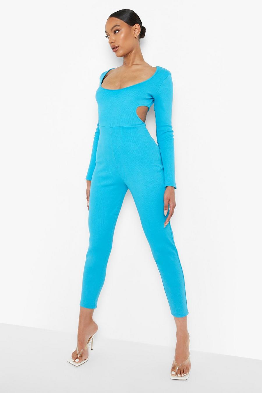 Blue Rib Cut Out Scoop Neck Jumpsuit image number 1