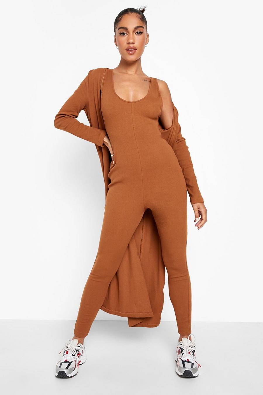 Chocolate brown Rib Jumpsuit And Maxi Cardigan image number 1