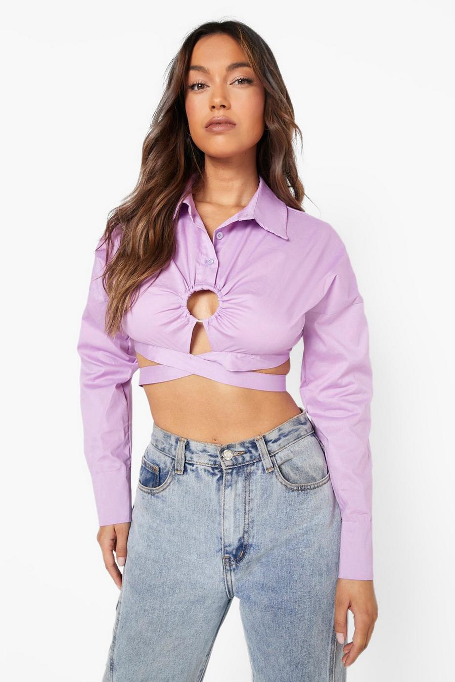 Lilac Cotton Poplin O Ring Cropped Tie Waist Shirt image number 1