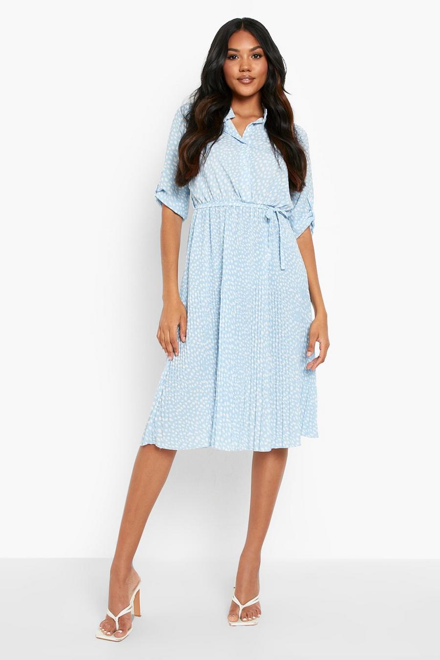 Powder blue Polka Dot Pleated Midaxi Shirt Dress