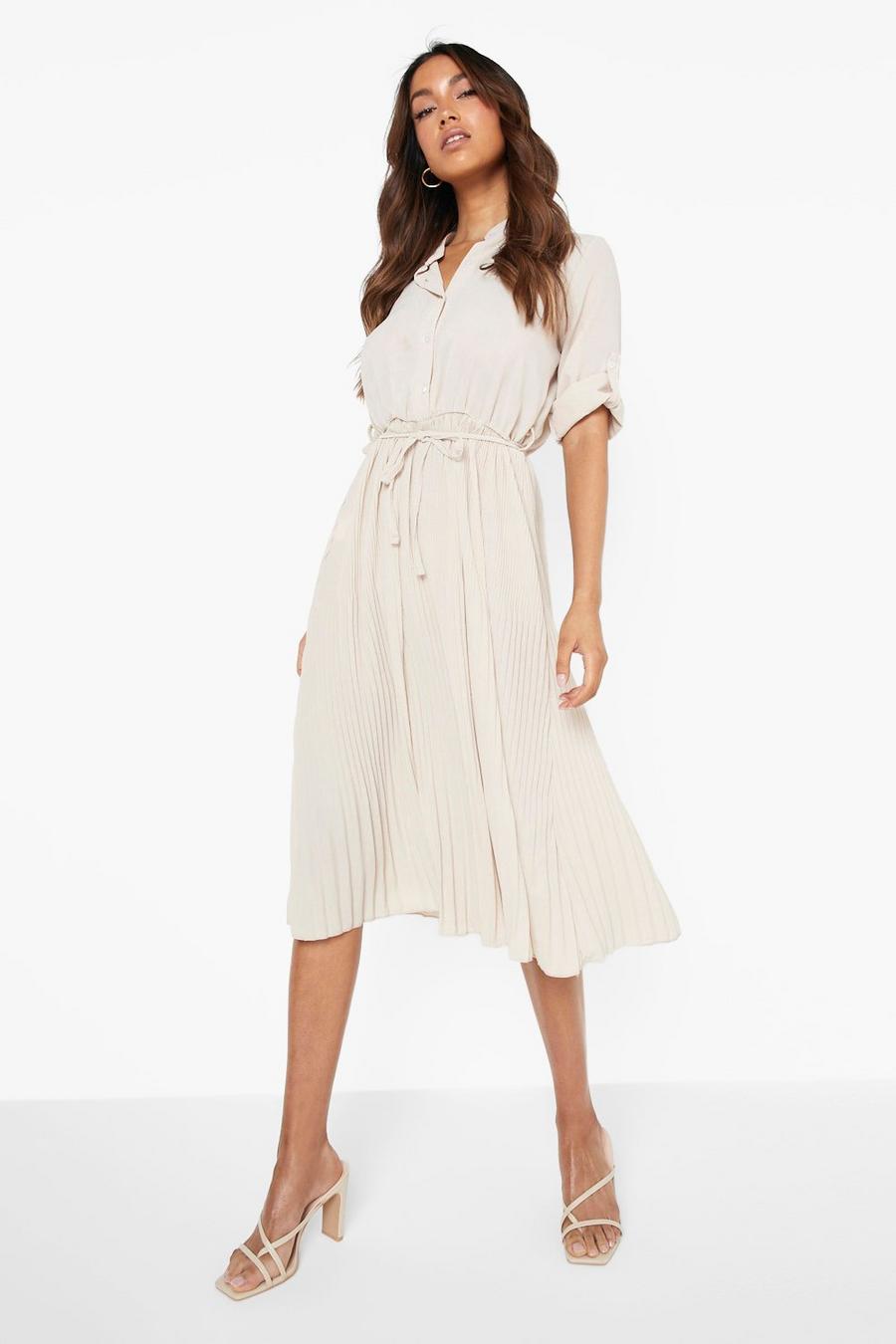 Nude Pleated Midaxi Shirt Dress image number 1