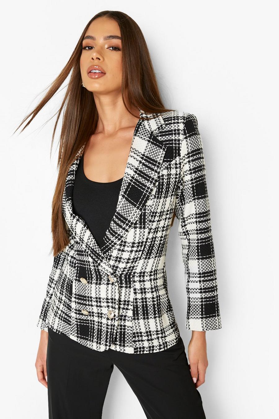 Black Textured Check Double Breasted Blazer image number 1