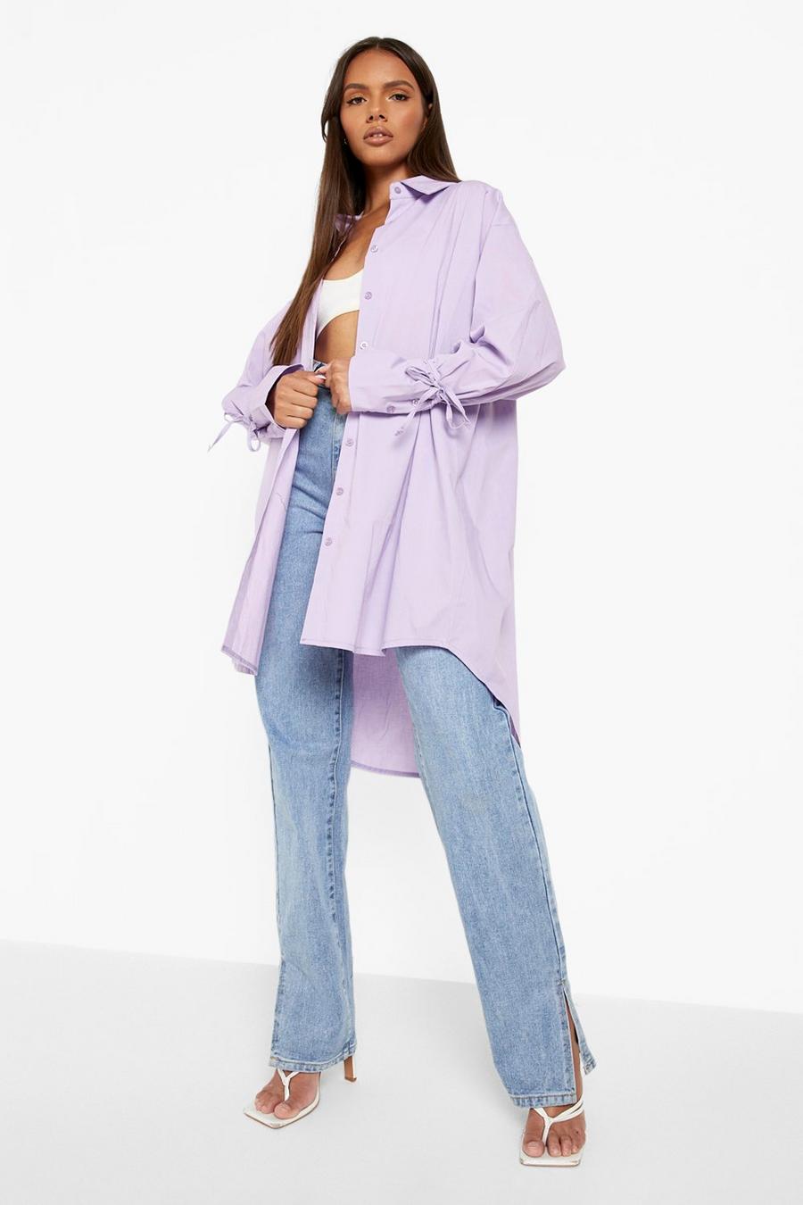 Lilac Oversized Tie Sleeve Cotton Poplin Shirt image number 1