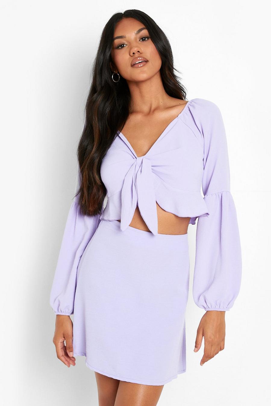 Lilac Knot Front Volume Sleeve Crop & Mini Skirt image number 1
