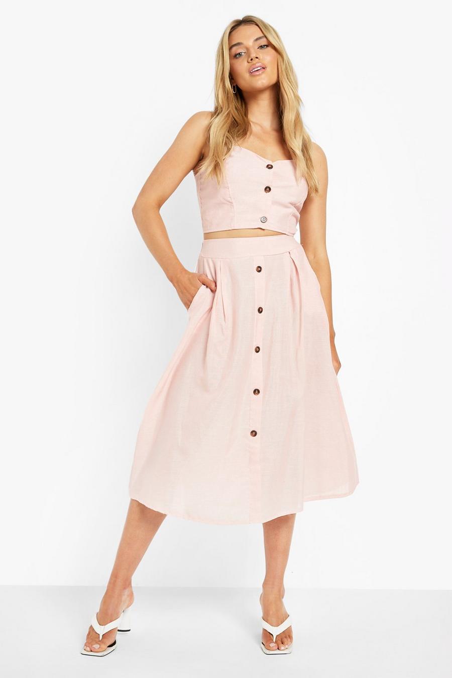 Blush Linen Look Mock Horn Button Crop And Midi Skirt image number 1