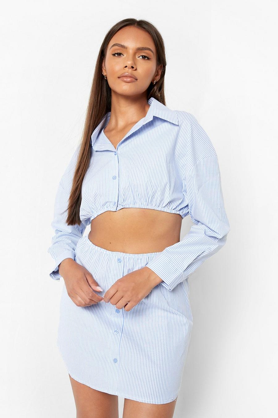 Blue Cotton Stripe Crop Shirt & Skirt image number 1