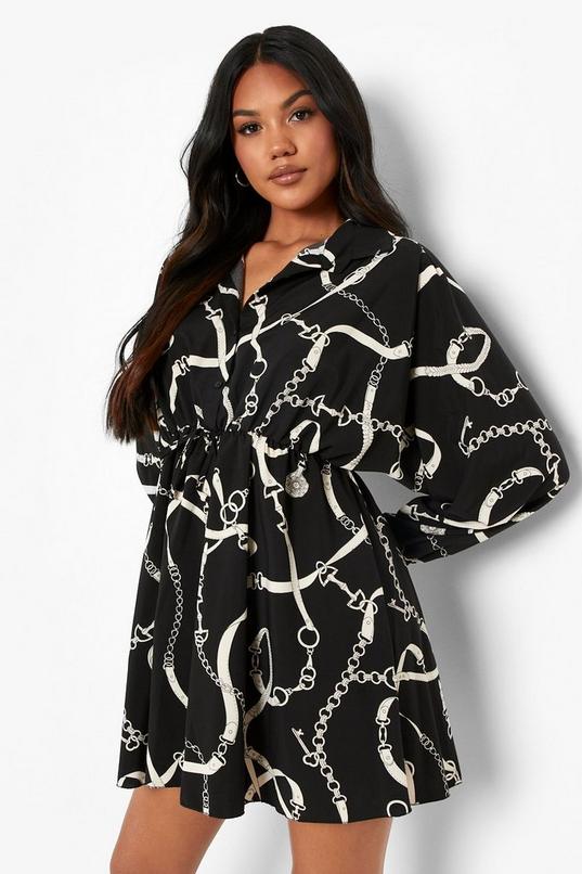 Chain Print Volume Sleeve Shirt Dress | boohoo FI Chain Print Volume Sleeve Shirt Dress | boohoo FI