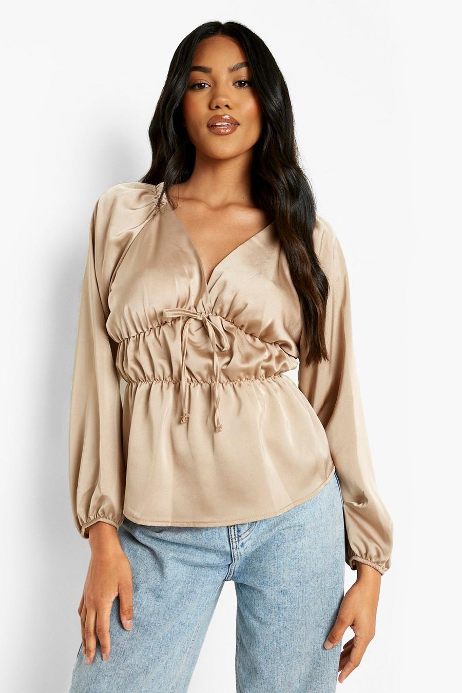 Oyster Matte Satin Tie Front Blouse image number 1