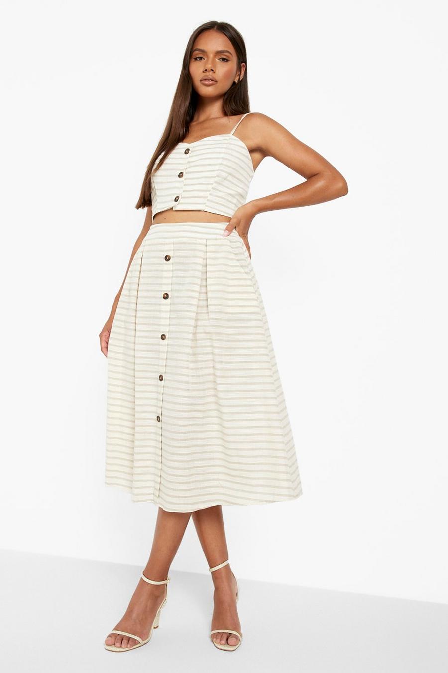 Taupe Linen Look Tonal Stripe Crop & Midi Skirt image number 1