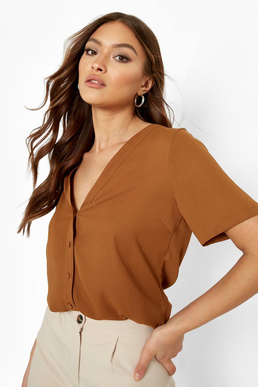 Mocha Short Sleeve Button Through Blouse image number 1