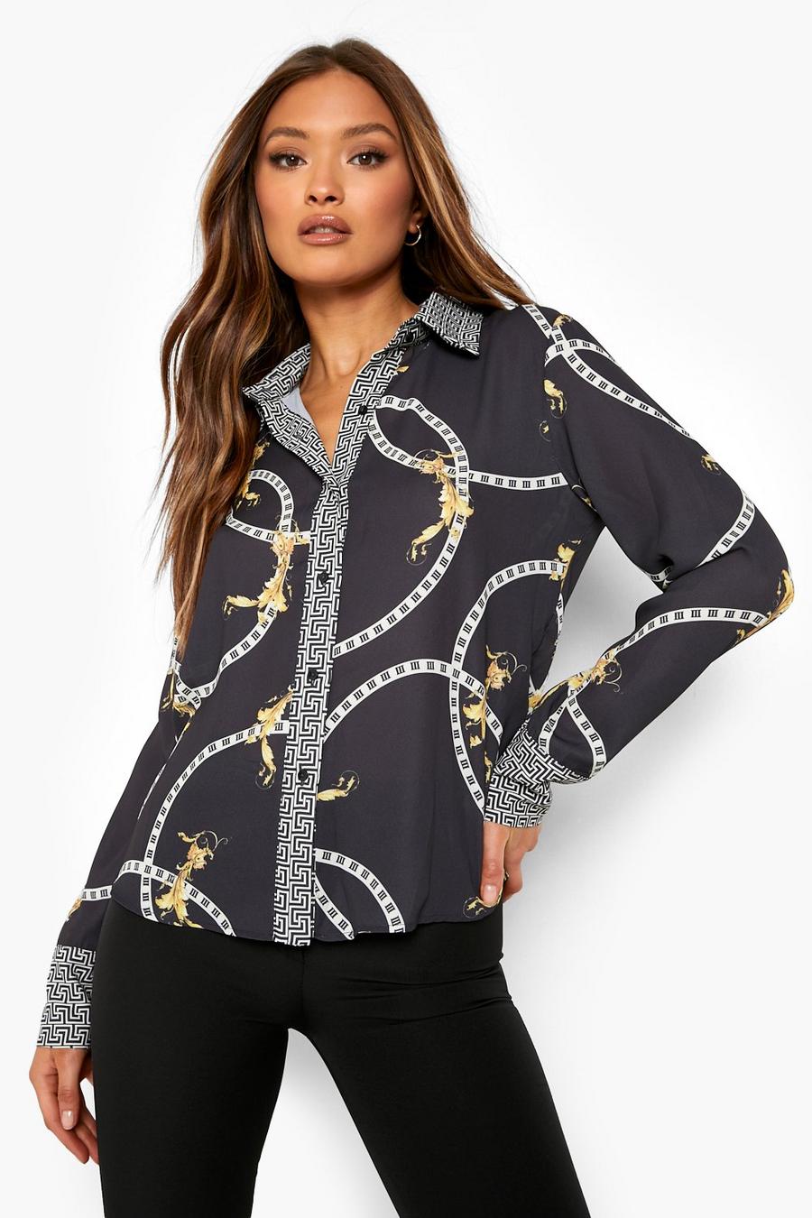 Camicia con stampa di catene e motivi geometrici a contrasto, Black negro