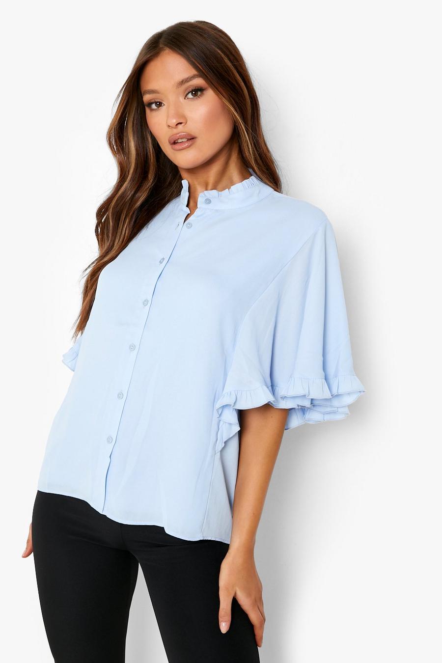 Sky Woven Ruffle Angel Sleeve Blouse image number 1