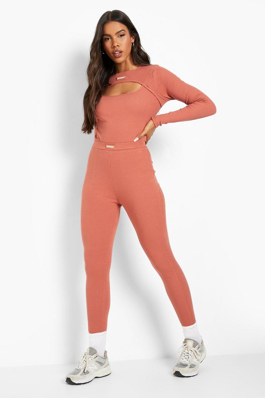 Terracotta orange Premium Ribbade leggings med hög midja image number 1
