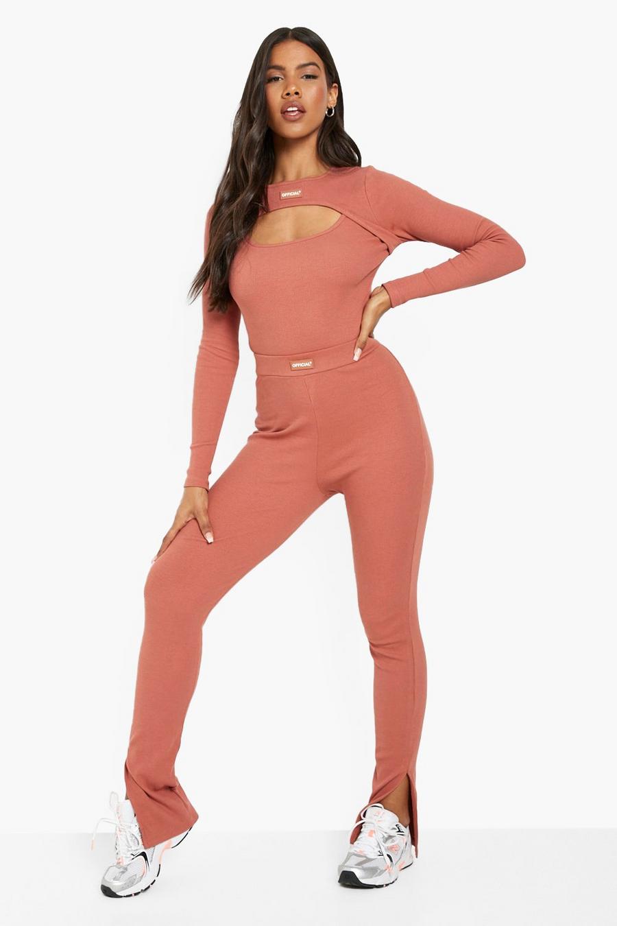 Terracotta Premium Ribbade leggings med slitsar image number 1