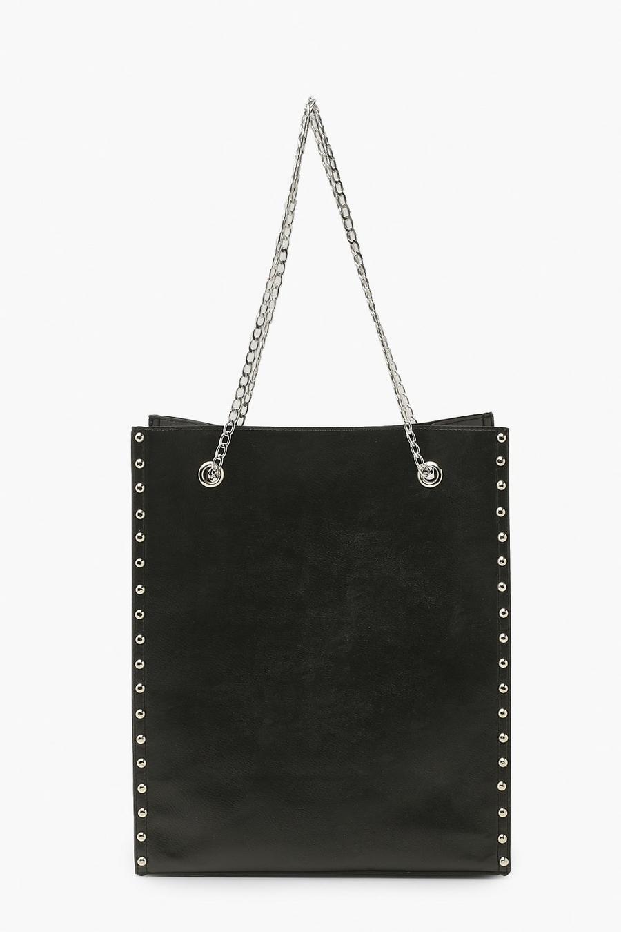 Black Studded Tote Bag With Chain Detail image number 1