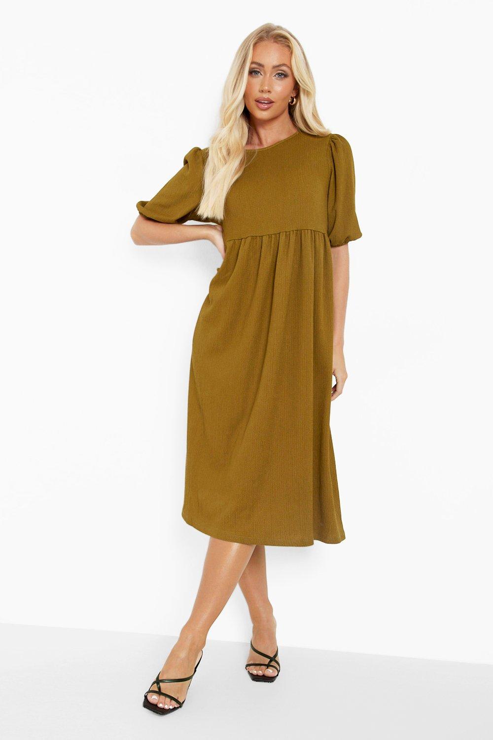 khaki puff sleeve dress