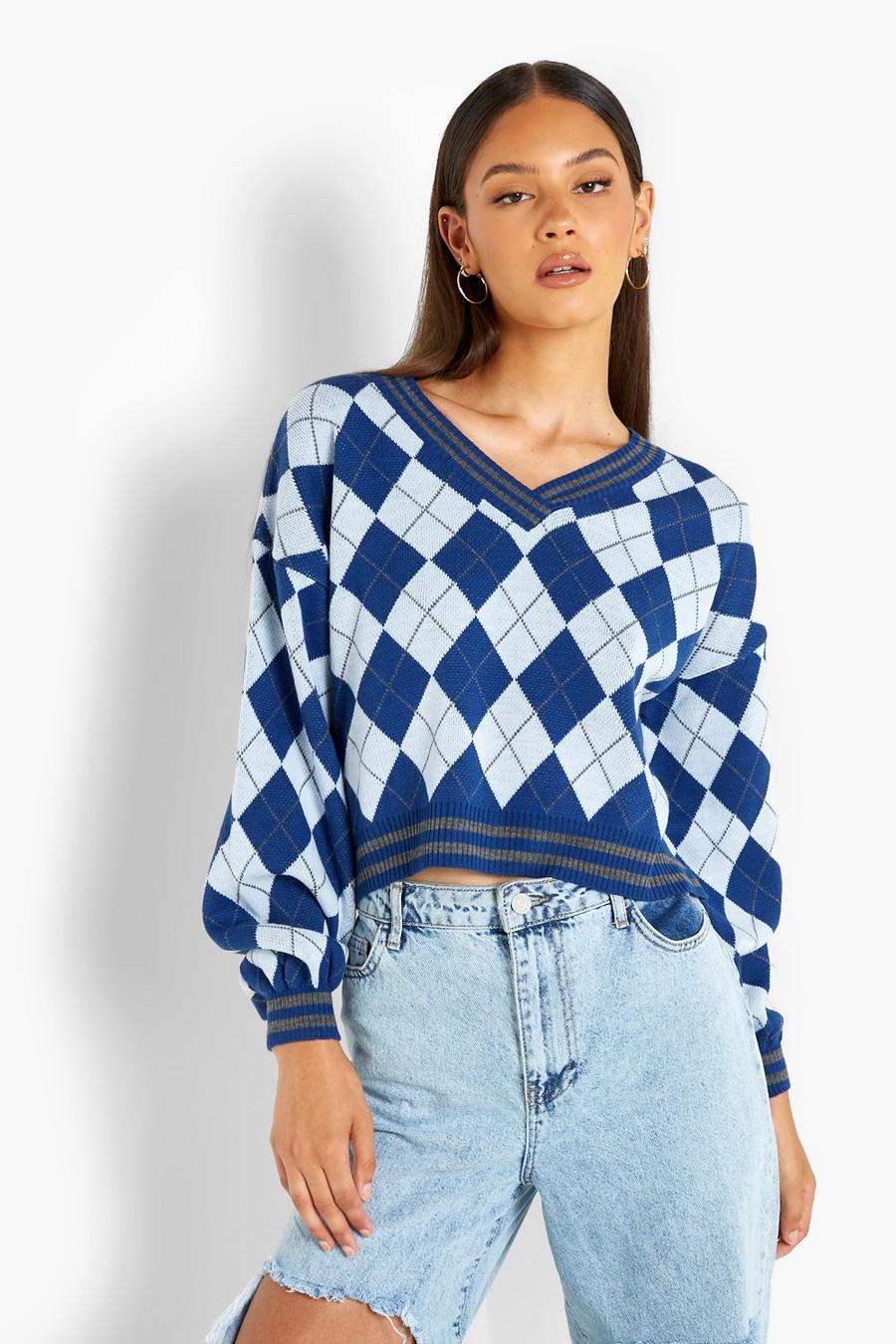 Blue Argyle Flannel Varsity Crop Sweater