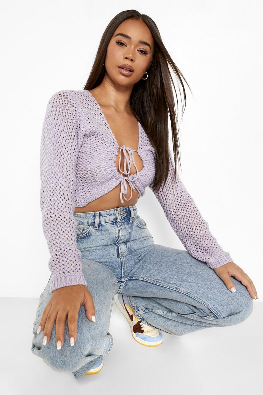 Lilac Premium Chunky Tie Front Crop Knit image number 1